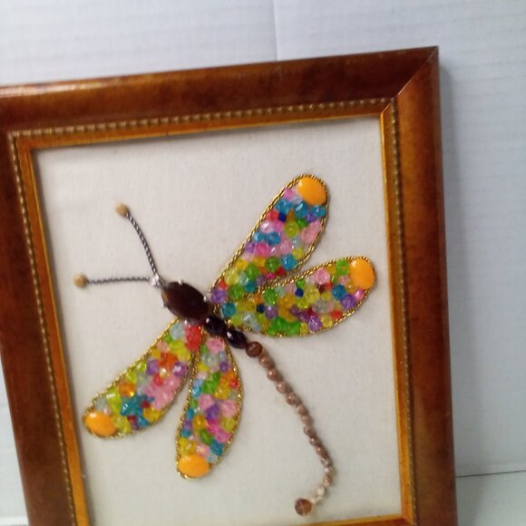 Handmade Dragonfly Beaded Artwork Stones Mixed Media Canvas Framed Decor 12 x 10 - Picture 11 of 15